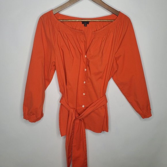 Talbots Tops - Talbots Womens Orange Button Front Belted Top Size 10 Long Sleeve Smocked Neck